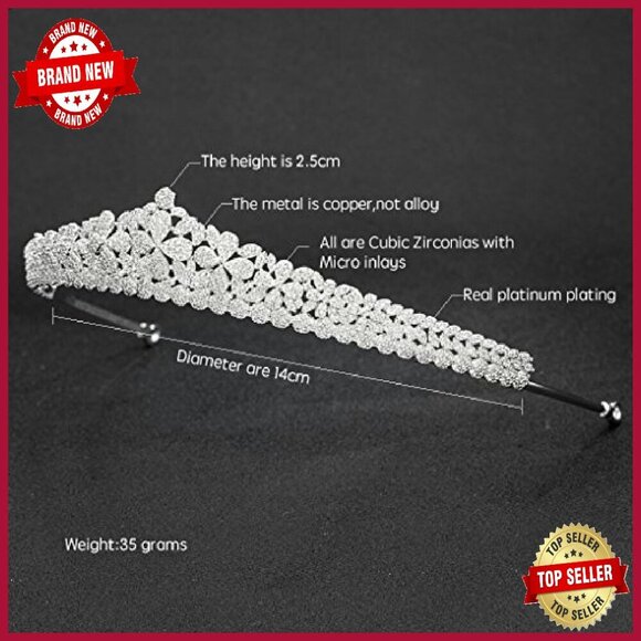 Platinum Plated Copper Wedding Tiara Crown with CZ Flowers - Picture 3 of 8